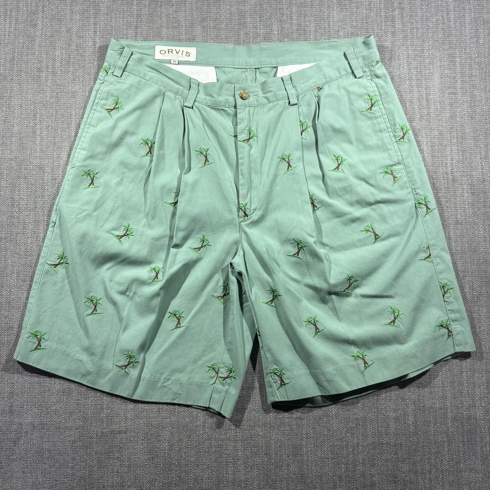 Orvis Shorts Mens 36 Green Palm Tree Embroidered Chino Pleated Casual Summer